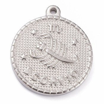 304 Stainless Steel Pendants, Flat Round with Constellation, Scorpio, 29x26x3mm, Hole: 2mm