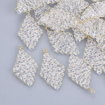 Glass Pendants, Wire Wrapped Pendants, with Real 18K Gold Plated Brass Wires, Nickel Free, Rhombus, Clear, 30x16x3.5mm, Hole: 1.5mm