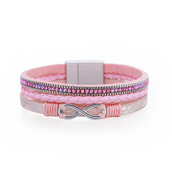Bohemian Vacation Style Triple-layered Rhinestone Woven 8-shaped Leather Bracelet - Ethnic, Exaggerated, Pink, 7-5/8x1/2 inch(19.5x1.3cm)