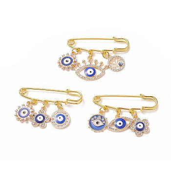 3Pcs 3 Style Iron Evil Eye Safety Pin Brooches, Rack Plating Alloy Enamel Flower & Tree & Sun Charms Lapel Pin for Women, Golden, 35~40mm, Pin: 1.5mm, 1Pc/style
