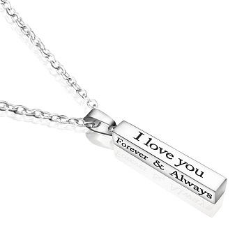 Stainless Steel Square Bar Pendant Necklace, I Love You Forever & Always Necklace, Valentine's Day