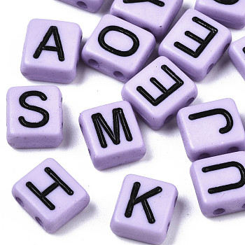 Opaque Acrylic Multi-Strand Links, for Tile Elastic Bracelets Making, Rectangle with Black Letter, Mixed Letters, Lilac, 8x8x4mm, Hole: 1.6mm, about 1509pcs/387g