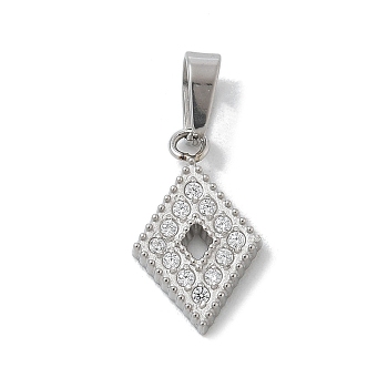 Ion Plating(IP) 304 Stainless Steel Micro Pave Cubic Zirconia Pendants, Polishing Charms, Rhombus, 13x8x1.8mm, Hole: 4mm