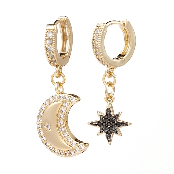 Brass Micro Pave Cubic Zirconia Huggie Hoop Earrings, Asymmetrical Earrings, Moon & Star, Golden, 32~35mm, Pin: 1mm