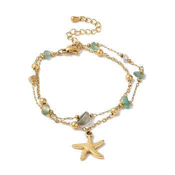 Summer Beach Nuggets Natural Agate(Dyed & Heated) Multi-Strand Bracelets, Starfish Ion Plating(IP) 304 Stainless Steel Charm Bracelets for Women, Golden, 6-5/8 inch(16.8cm)