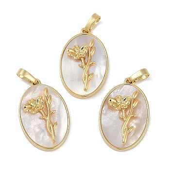 Rack Plating Brass Pave Shell Oval Pendants, Birth Flower Charms, Real 18K Gold Plated, Long-Lasting Plated, Lead Free & Cadmium Free, Seashell Color, 25.5x16x4.5~5.5mm, Hole: 5.5x3mm