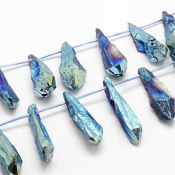Electroplated Natural Quartz Crystal Beads Strands, Top Drilled Beads, Teardrop, Blue, 24~31x6~8x4~6mm, Hole: 1.5mm, about 25pcs/strand, 14.3 inch