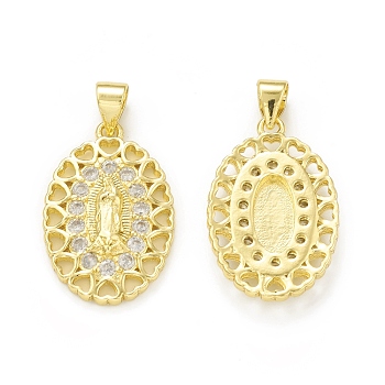 Rack Plating Eco-Friendly Brass Micro Pave Clear Cubic Zirconia Pendants, Cadmium Free & Lead Free, Long-Lasting Plated, Oval with Religion Virgin Mary & Heart Charm, Real 18K Gold Plated, 22x15x3mm, Hole: 4x3.5mm
