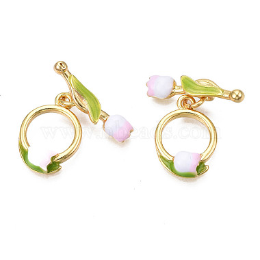 Real 18K Gold Plated Pearl Pink Flower Brass+Enamel Toggle Clasps