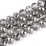 Electroplate Transparent Glass Round Beads Strands, Faceted, Dark Gray, 7.5~8.5x7~7.5mm, Hole: 1.2~1.6mm, about 25~26pcs/strand, 6.89~7.48''(17.5~19cm)(EGLA-T029-8mm-12T-03)