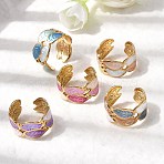 304 Stainless Steel Enamel Open Cuff Rings, Wide Band Rings for Women, Golden, Leaf, Adjustable; 11mm(RJEW-L335-02A-G)