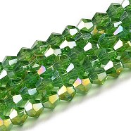 Transparent Electroplate Glass Beads Strands, AB Color Plated, Faceted, Bicone, Lime Green, 4x4mm, Hole: 0.8mm, about 87~98pcs/strand, 12.76~14.61 inch(32.4~37.1cm)(GLAA-F029-4mm-A03)