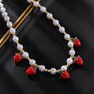 Brass Micro Pave Clear Cubic Zirconia Beaded Necklaces, with ABS Imitation Pearl Beads and Enamel, Cadmium Free & Lead Free, Long-Lasting Plated, Rack Plating, Cherry, 16.77 inch(42.6cm)(NJEW-Z059-04G-03)