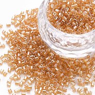 Glass Bugle Beads, Transparent Colours Luster, Sandy Brown, 2.5~3x2mm, Hole: 0.9mm, about 15000pcs/pound(SEED-S032-11A-102B)