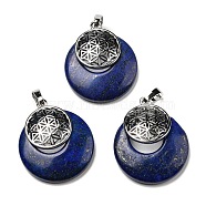 Natural Lapis Lazuli Pendants, Spiritual Charms, with Platinum Tone Brass Findings, Flat Round with Flower of Life/Sacred Geometry, 32~32.5x28~30x7~7.5mm, Hole: 5x8mm(KK-F751-M-A02)