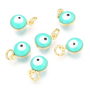 Brass Enamel Charms, Real 18K Gold Plated, Long-Lasting Plated, with Jump Ring, Evil Eye, Turquoise, 9.5x6.5x4.5mm, Hole: 2.5mm(KK-B024-02G-C)