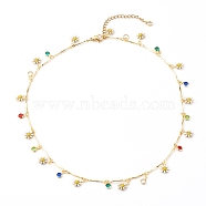 Brass Enamel Pendant Necklaces, with Glass and 304 Stainless Steel Lobster Claw Clasps, Flower, Colorful, Golden, 15.94 inch(40.5cm)(NJEW-JN03322)
