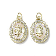 Brass Micro Pave Cubic Zirconia Pendants, with Shell, Virgin Mary Pattern, Real 18K Gold Plated, Oval, 19.5x12.5x3mm, Hole: 3mm(KK-G485-19A-G)