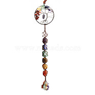 Chakra Theme Big Pendant Decorations, Hand Knitting with Owl Charm, Natural Gemstone Beads and Stone Chips Tassel, Flat Round with Tree of Life, Silver Color Plated, 35cm(HJEW-PW0001-004C-S)