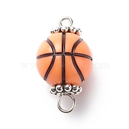 Acrylic Basketball Connector Charms, with Antique Silver Tone Space Beads, Round Ball, Dark Orange, Basketball Pattern, 20x11.5~12mm, Hole: 1.6mm & 2.5mm(PALLOY-JF01869-01)