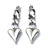 304 Stainless Steel Heart Dangle Stud Earrings, Curb Chains Drop Earrings, Stainless Steel Color, 45x16mm(EJEW-G375-01P)