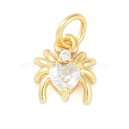 Brass Micro Pave Cubic Zirconia Pendants, Spider Charm, with Jump Ring, Real 18K Gold Plated, Clear, 9x8x3.5mm, Hole: 3mm(KK-S390-03G-03)