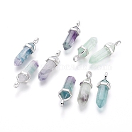 Natural Fluorite Double Terminated Pointed Pendants, with Random Alloy Pendant Hexagon Bead Cap Bails, Bullet, Platinum, 37~40x12mm, Hole: 3mm(G-F295-05I)