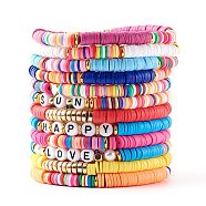 Handmade Polymer Clay Heishi Beads Stretch Bracelets Sets, Stackable Bracelets, Word Sun/Happy/Love, Golden, Mixed Color, Inner Diameter: 2~2-1/8 inch(5~5.5m), 12pcs/set(BJEW-SZ0001-59)