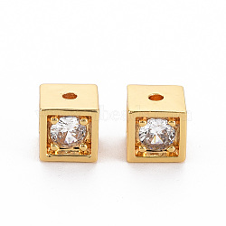 Brass Clear Cubic Zirconia Beads, Nickel Free, Cube, Real 18K Gold Plated, 6.5x6.5x6.5mm, Hole: 1.4mm(KK-N233-114-NF)