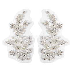 1 Pair Computerized Embroidery Polyester with Glass and Stainless Steel Iron on/Sew on Patches, Costume Accessories, Flower, Silver, 170~173x96~97x4.5~5mm(DIY-FG0010-35A)