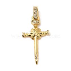 Rack Plating Brass Micro Pave Clear Cubic Zirconia Pendants, Long-Lasting Plated, Cadmium Free & Lead Free, Cross Charms, Real 18K Gold Plated, 38.5x20.5x3mm, Hole: 4x6.5mm(KK-G488-09G)