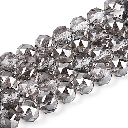 Electroplate Transparent Glass Round Beads Strands, Faceted, Dark Gray, 7.5~8.5x7~7.5mm, Hole: 1.2~1.6mm, about 25~26pcs/strand, 6.89~7.48''(17.5~19cm)(EGLA-T029-8mm-12T-03)