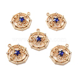 Faceted Glass Pendants, with Light Gold Plated Alloy Findings, Flat Round with Star, Blue, 29.5x26x5mm, Hole: 1.6mm(FIND-G028-01F-LG)