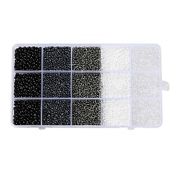 DIY 15 Grids ABS Plastic & Glass Seed Beads Jewelry Making Finding Beads Kits, Rondelle, Black, 2~4.5x1.5~4.5mm, Hole: 0.8~1.2mm(DIY-G119-02A)