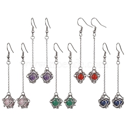 Natural Mixed Gemstone Dangle Earrings, 304 Stainless Steel Macrame Pouch Long Drop Earrings, Stainless Steel Color, 64x10mm(EJEW-JE05660-02)