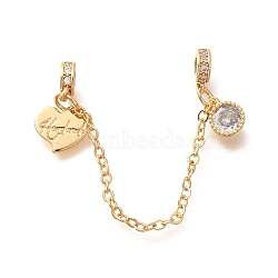 Brass Clear Cubic Zirconia European Safety Chains wtih Heart Charms, for European Bracelet Making, Real 18K Gold Plated, 75mm, Hole: 3mm(KK-C085-15G)