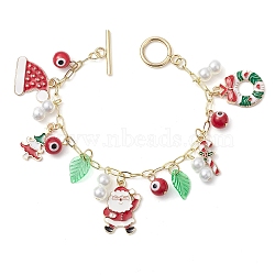 Christmas Theme Alloy Enamel Charm Bracelets for Women, with Brass Paperclip Chains and Evil Eye Lampwork Beads, Mixed Color, 7-1/8 inch(18.1cm)(BJEW-JB11111)