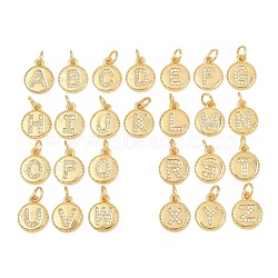 Brass Micro Pave Clear Cubic Zirconia Charms, Flat Round with Letter A~Z Charms, Long-Lasting Plated, Lead Free & Cadmium Free, Rack Plating, Real 18K Gold Plated, 12.5x10x1.5mm, Hole: 3mm(CU-CBA56CE-12G)