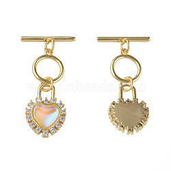 Brass Micro Pave Clear Cubic Zirconia Toggle Clasps, with Glass, Nickel Free, Heart, Real 18K Gold Plated, 36mm, Hole: 1mm, Heart: 18x13x4mm(KK-N233-246)
