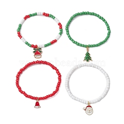 4Pcs 4 Styles Christmas Round Glass Seed Beaded Stretch Bracelet Sets, Santa Claus & Christmas Tree Alloy Charm Stackable Bracelets for Women Men, Mixed Color, Inner Diameter: 2-1/8 inch(5.5cm), 1pc/style(BJEW-JB10805)