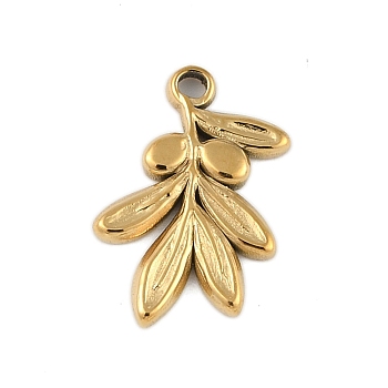 Ion Plating(IP) 304 Stainless Steel Charms, Leafy Branch Charms, Real 18K Gold Plated, 15x10.5x2mm, Hole: 1.4mm