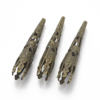 Iron Bead Cones, 6-Petal, Filigree, Trumpet, Antique Bronze, 40~41x8~8.5mm, Hole: 1~2mm