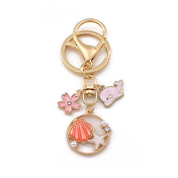Shell Starfish Alloy Enamel Pendant Keychain with Dolphin & Flower Charm, for Woman Bag Car Key Accessories, Pink, 9cm