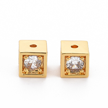 Brass Clear Cubic Zirconia Beads, Nickel Free, Cube, Real 18K Gold Plated, 6.5x6.5x6.5mm, Hole: 1.4mm