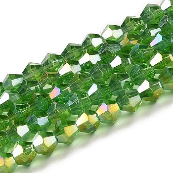 Transparent Electroplate Glass Beads Strands, AB Color Plated, Faceted, Bicone, Lime Green, 4x4mm, Hole: 0.8mm, about 87~98pcs/strand, 12.76~14.61 inch(32.4~37.1cm)