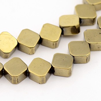 Electroplate Non-Magnetic Synthetic Hematite Bead Strands, Rhombus, Golden Plated, 6x6x3mm, Hole: 1mm, about 70pcs/strand, 16.5 inch