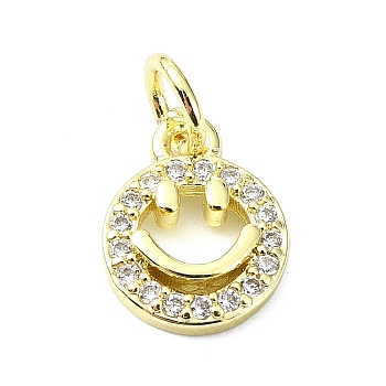 Brass Micro Pave Cubic Zirconia Pendants, with Jump Ring, Real 18K Gold Plated, Flat Round with Smiling Face Charm, Clear, 11x8.5x2mm, Hole: 3mm