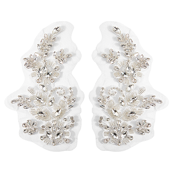 1 Pair Computerized Embroidery Polyester with Glass and Stainless Steel Iron on/Sew on Patches, Costume Accessories, Flower, Silver, 170~173x96~97x4.5~5mm