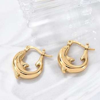 304 Stainless Steel Hoop Earrings For Women, Dolphin, Golden, 22x17.5x5.5mm