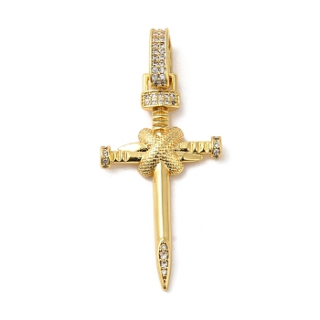 Rack Plating Brass Micro Pave Clear Cubic Zirconia Pendants, Long-Lasting Plated, Cadmium Free & Lead Free, Cross Charms, Real 18K Gold Plated, 38.5x20.5x3mm, Hole: 4x6.5mm
